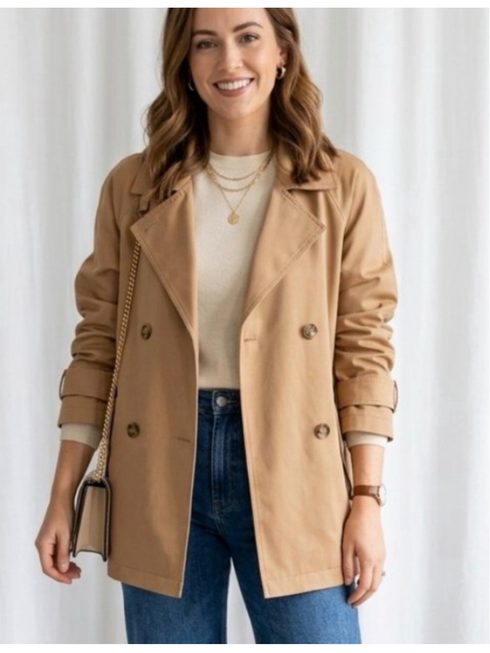 Jones New York Jackets & Blazers - Jones Neutral Double Breasted Woman’s Peacoat Trench Blazer Tan Beige Size L